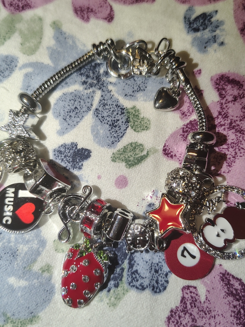Silver Charm Bracelet with Red Enamel Strawberry and Star Charms